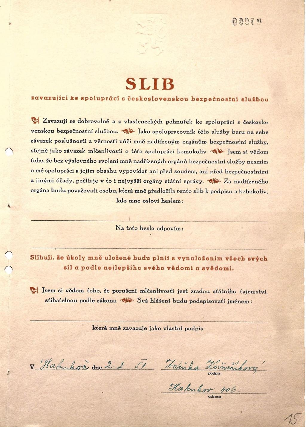 Dokument 3: Závazek o spolupráci s StB ABS, Sbírka R-OV, a. č.