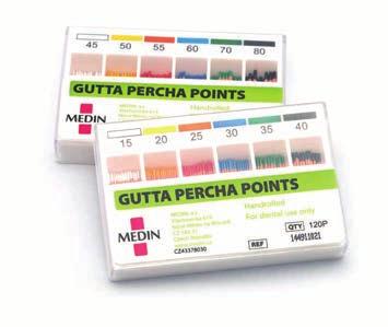 ENDODONCY ENDODONCIE Gutta Percha Points Čepy gutta percha True to size and shape with excellent workability Hand-rolled from highest quality Gutta Percha to extremely close tolerance Stiff but
