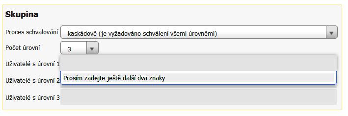 Pro usnadnění výběru uživatel oprávněných schválit žádost je použita funkce našeptávače, který na základě zadaných znaků nabízí jména uživatel.