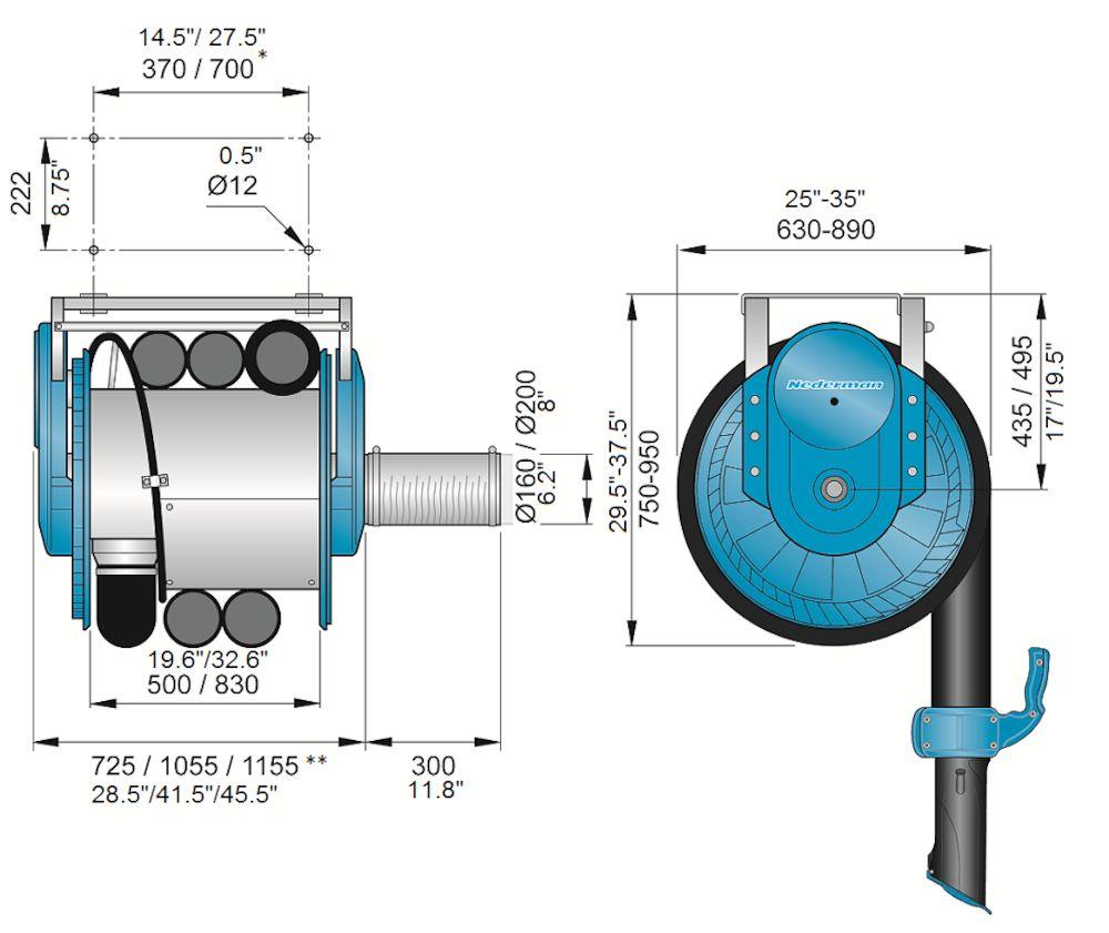150 mm (6 ), 5 m (16 ) Pro systémy odsávání výfukových plynů v opravnách vozidel, kde motory běží bez zatížení a při nízkých otáčkách za minutu, lze použít následující