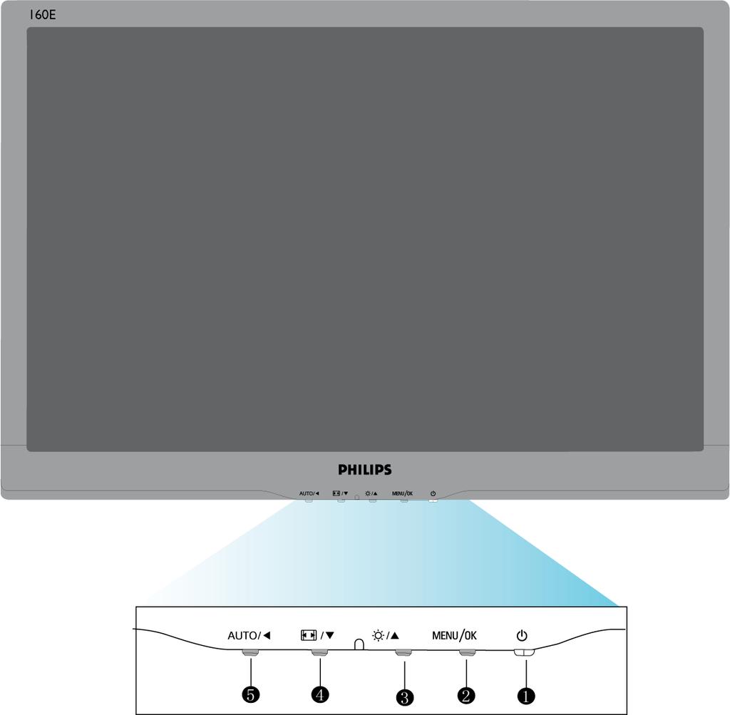 Popis výrobku z čelního pohledu Instalace Monitoru LCD Připojení k počítači Demontáž podstavce Úvod Optimalizace výkonu Popis výrobku z čelního pohledu 1 Zapnutí a vypnutí napájení monitoru.