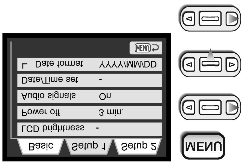 Stiskněte tlačítko Menu. Aktivuje se režim Prohlížení. Tlačítkem Vpravo zvýrazněte záložku karty Setup 1 na horní straně nabídky.