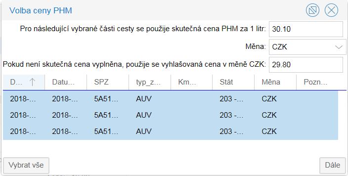 Nejjednodušším řešením je zadat všechny úseky průběhu cesty, a poté v tabulce kliknout na tlačítko Vybrat vše a zadat cenu pro všechny úseky najednou.