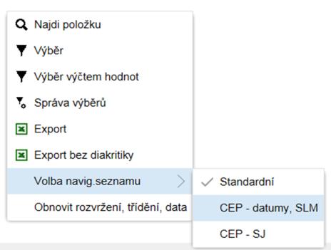 1.6 Navigační seznam Vpravo v navigačním seznamu jsou zobrazeny všechny cestovní příkazy přístupné uživateli podle jeho role.