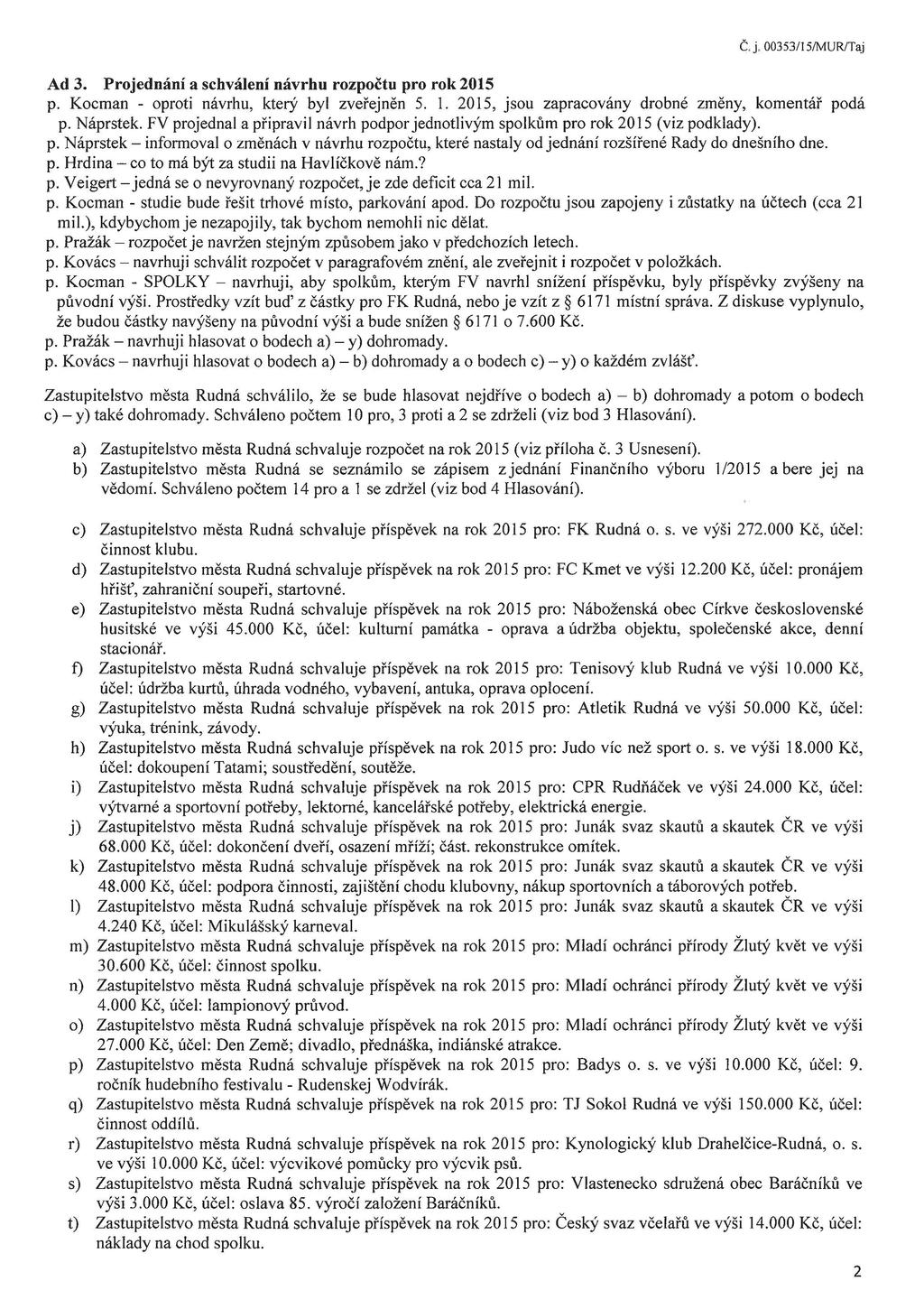 Č. j. 00353/15/MUR/Taj Ad 3. Projednání a schválení návrhu rozpočtu pro rok 2015 p. Kocman - oproti návrhu, který byl zveřejněn 5. I. 2015, jsou zapracovány drobné změny, komentář podá p. Náprstek.
