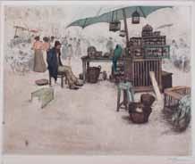a umění 172 176 173 174. František Tavík Šimon (1877 1942) Ptáčník na trhu (z Verony) barevný lept, 1906, 32,2 x 39,7 cm, sign. PD TF.