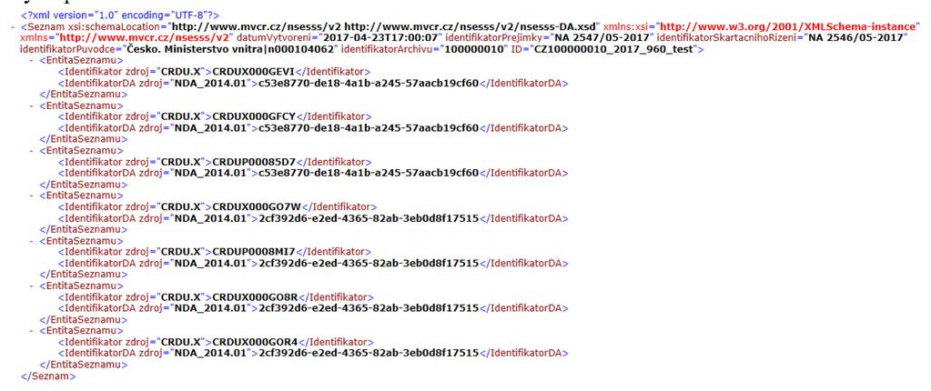 Výstup ve formátu XML Přílohou úředního záznamu je soubor XML, kterým poskytuje archiv původci identifikátory digitálního archivu.