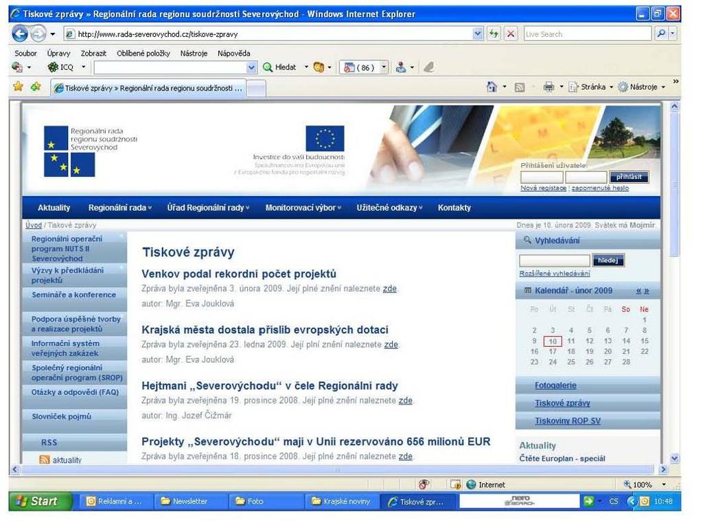 V rámci webu byla uskutečněna následující klíčová sdělení: uveřejnění podrobných informací o struktuře/implementaci programu; umístění všech programových dokumentů/pokynů/metodiky; poskytnutí