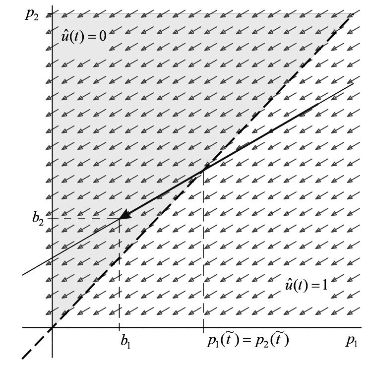 Odtud pak získáme kritérium pro optimální alokaci investic ve tvaru û(t)=1, jestliïe p 1 (t)>p 2 (t), û(t)=0, jestliïe p 1 (t)<p 2 (t), û(t) není definováno, jestliïe p 1 (t)=p 2 (t).