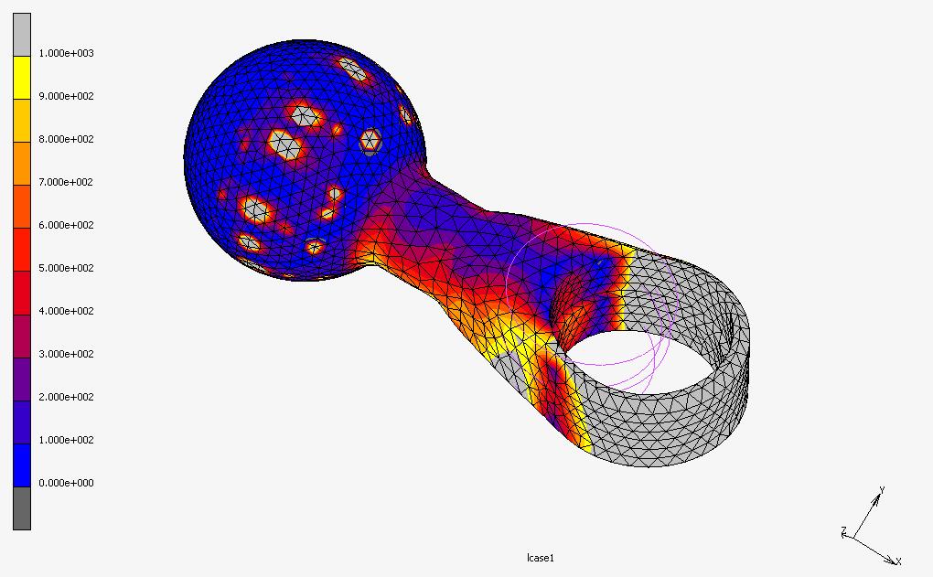 Obrázek 48 detail redukovaného napětí HMH [MPa] na spojovacím prvku Konstrukce implantátu spojení kulovým čepem [vlastní zdroj] Výpočtový MKP sub-model mechanismu Konstrukce implantátu spojení