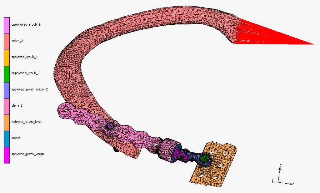 Vyobrazení výpočtového MKP celého modelu se znázorněním aplikovaných okrajových podmínek, viz níže.