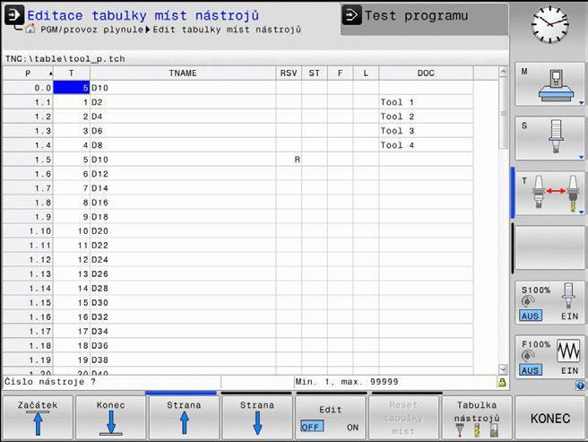 Nástroje Nástrojová data 4 Tabulka pozic pro výměník nástrojů Informujte se ve vaší příručce ke stroji! Výrobce stroje upravuje rozsah funkcí podle tabulky pozic na vašem stroji.