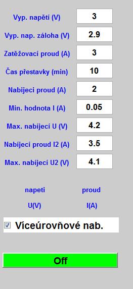 Max. nabíjecí U2 Při zvoleném víceúrovňovém nabíjení představuje tato položka limit, do jakého napětí bude protlačován proud v první části nabíjení, hodnota se zadává ve voltech.