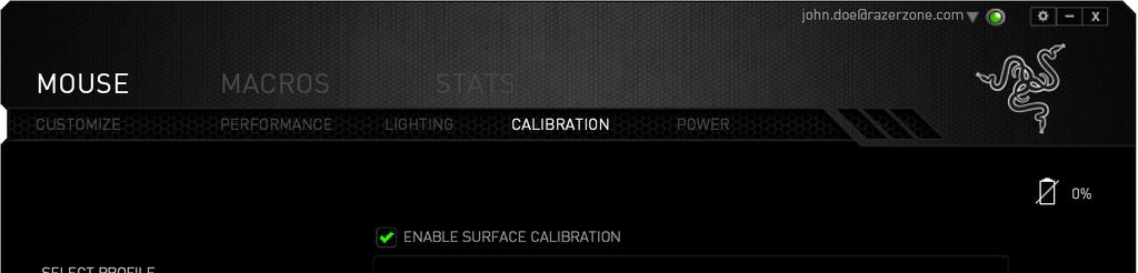 Záložka Calibration V záložce Calibration (Kalibrace) lze optimalizovat přesnost senzoru Razer pro daný podklad, aby na něj myš reagovala lépe.