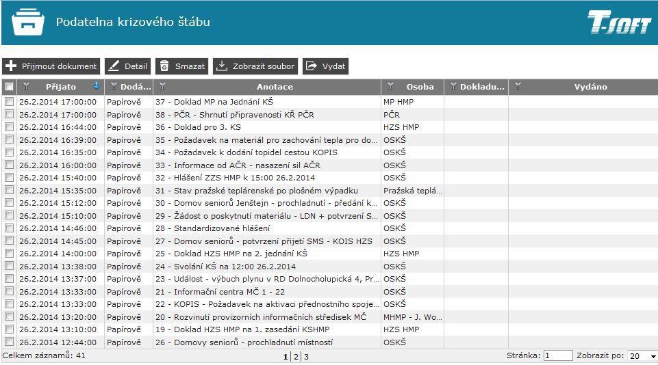 Obrázek 4 SW PODATELNA - přehled dokumentů 2 ZÁVĚR Výše zmíněné informační systémy byly použity pro cvičení Blackout 2014. Toto cvičení simulovalo plošný výpadek elektrické energie na území hl. m.