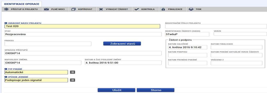 Příklady vyplňovaných záložek IDENTIFIKACE OPERACE Důležitý údaj k identifikaci žádosti - HASH!!! POZOR na defaultní nastavení Typu podání Automatické.