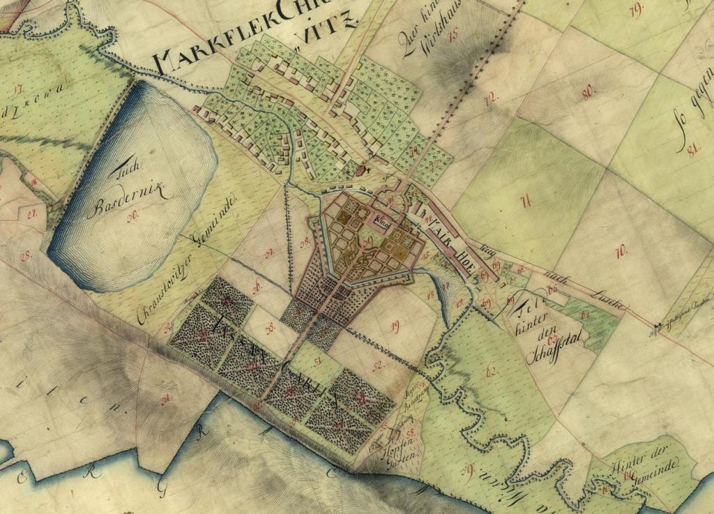Obr. 6 Zámecká bažantnice, areál zámku se zahradou a obec Chroustovice na mapě velkostatku Rychmburk z roku 1780 (Státní oblastní archiv v Zámrsku, Velkostatek Rychmburk (Předhradí) Chroustovice