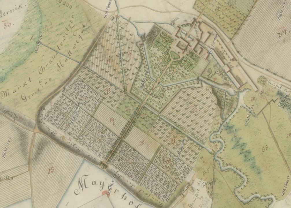 Obr. 11 Chroustovice na mapě pozemků vrchnostenského dvora Chroustovice v roce 1802 (http://www.chartaeantiquae.cz/cs/maps/19258).