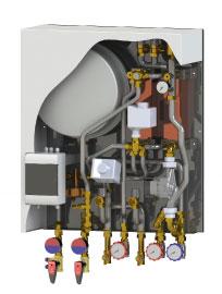 ventily pro vytápění a pro přípravu teplé vody, termomanometry, manometr, teploměry, oběhové čerpadlo s frekvenčním měničem Grundfos UPM3 AUTO L 25-70, regulátor tlakové diference Ballorex Delta Kvs