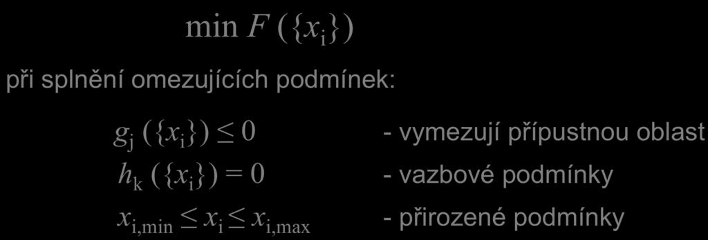 podmínky kde F ({x i }). účelová (cílová) funkce {x i }. vektor optimalizačních proměnných {x i,min }.