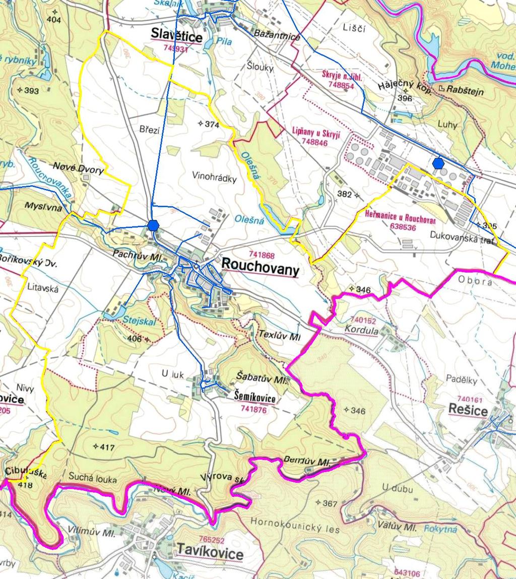 MAPA - VODOVODY Trasování sítí, lokalizace vodojemů, zdrojů, čerpacích stanic, ATS, ÚV Vodovodní řady Vodojem zemní