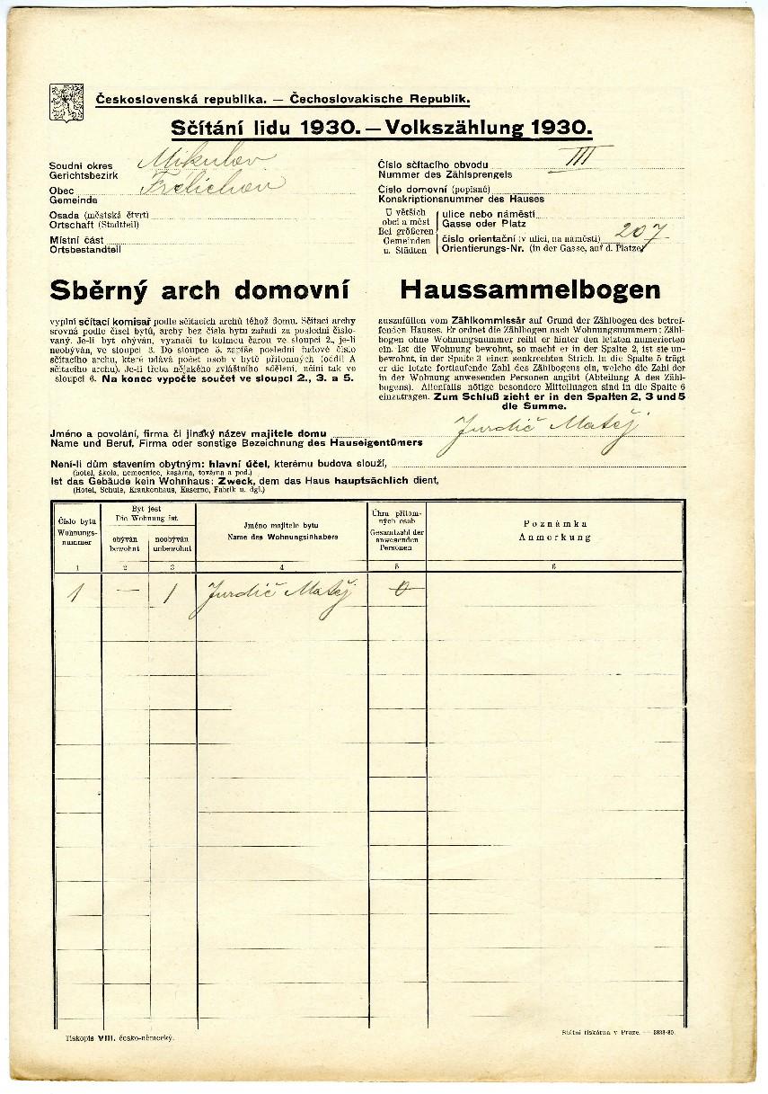 Vzor sčítacího archu 134 134 Národní archiv