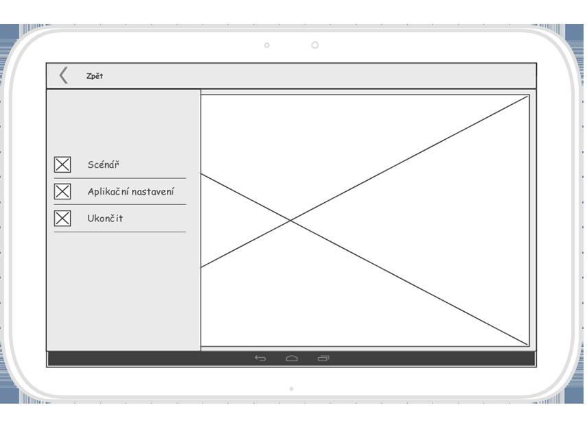 Obrázek 18: Wireframe pro hlavní obrazovku aplikace. Obrázek 19: Wireframe pro hlavní obrazovku s menu navigací. 6.3.