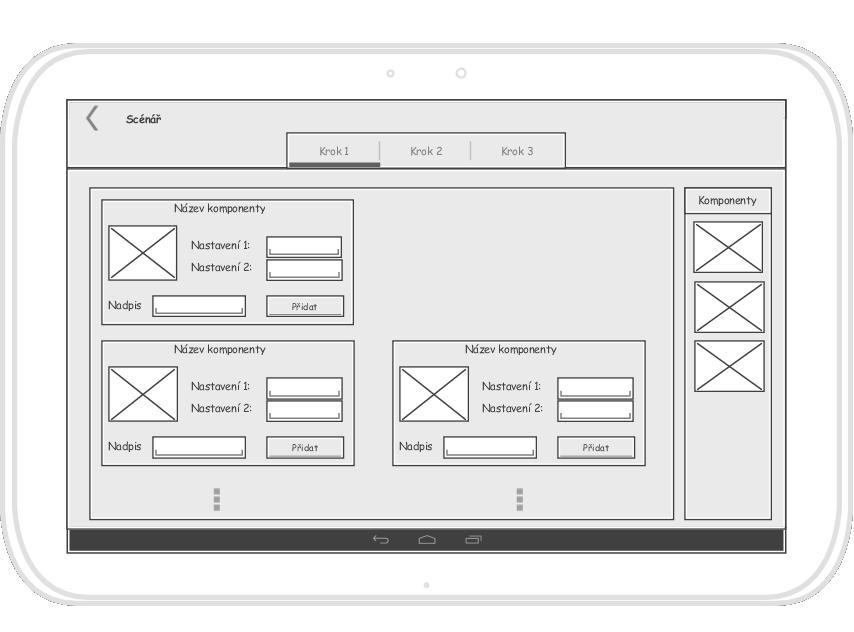 Obrázek 20: Wireframe pro první krok tvorby scénářů. Třetí krok je z velké části pouze zobrazovací. V pravé části stejně jako v předchozím kroku bude seznam jednotlivých oken daného scénáře.