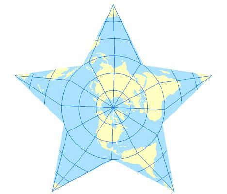 Nepravá zobrazení (kompozitní) Zobrazení Berghaus Star je ekvidistantní kompozitní modifikované azimutální zobrazení, které zobrazí poledníky jako úsečky, zalomené na rovníku.