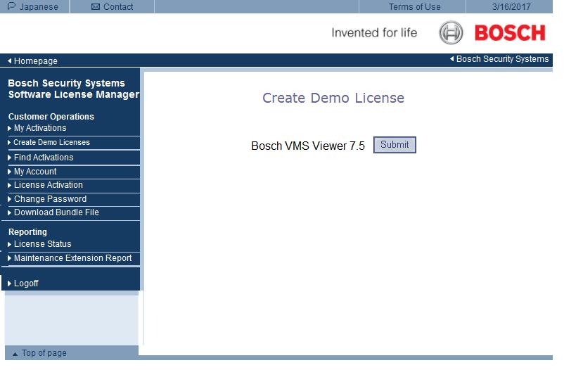 Klepněte na tlačítko Create Demo Licenses. 3. V seznamu demonstračních licencí klepnutím na tlačítko Submit (Odeslat) vytvořte demonstrační licenci k systému Bosch VMS Viewer. 4.