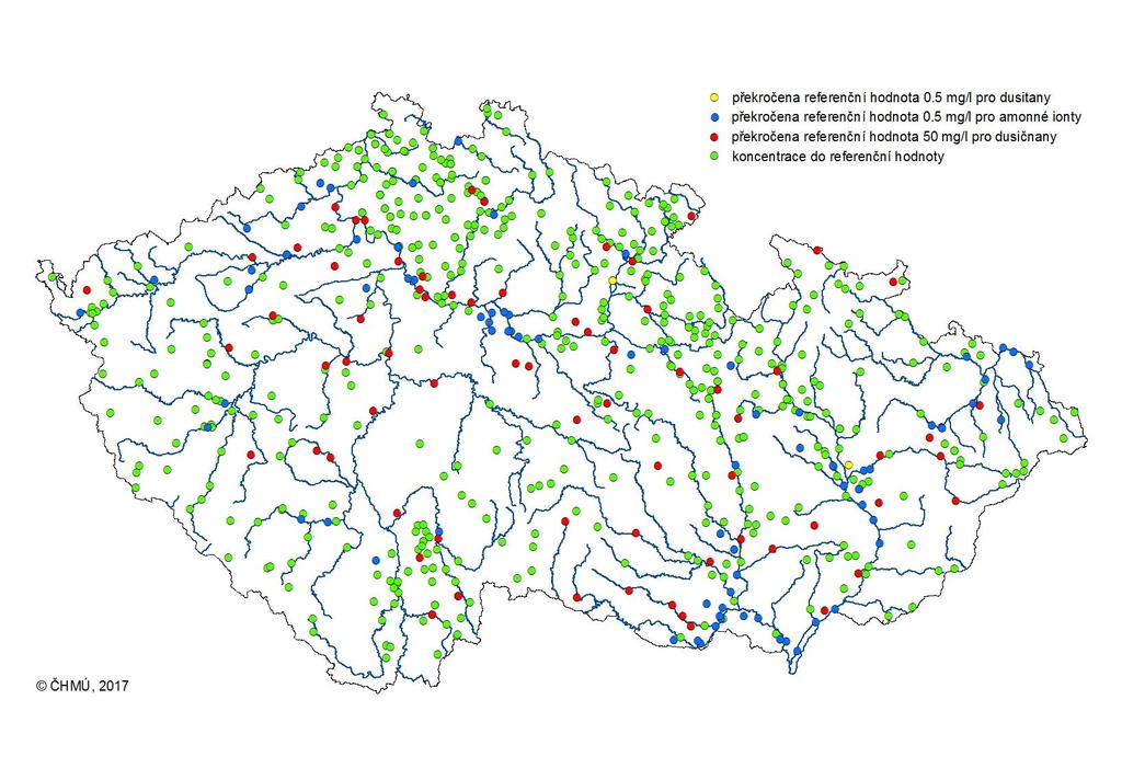 Podzemní vody 2016 Dusičnany: 11% objektů nad limit Amonné ionty: 12%