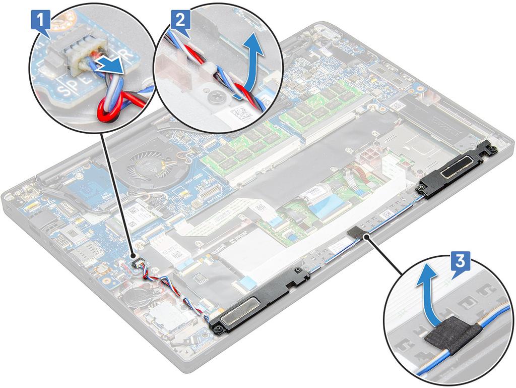 3 Uvolnění modulu reproduktoru: a Odpojte kabel reproduktoru od konektoru na základní desce [1]. POZNÁMKA: Pomocí plastového nástroje uvolněte kabel z konektoru.