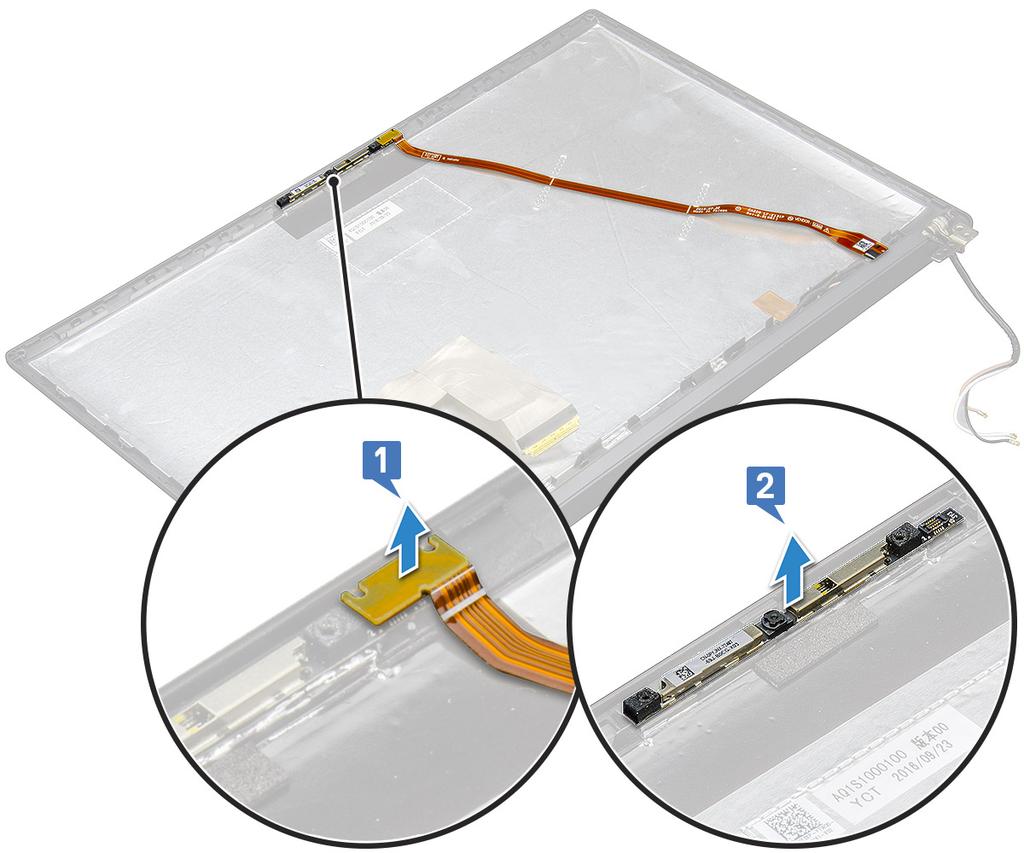 4 Demontáž modulu kamery: a Odlepte dva kousky vodivé pásky, pokrývající modul kamery [1].