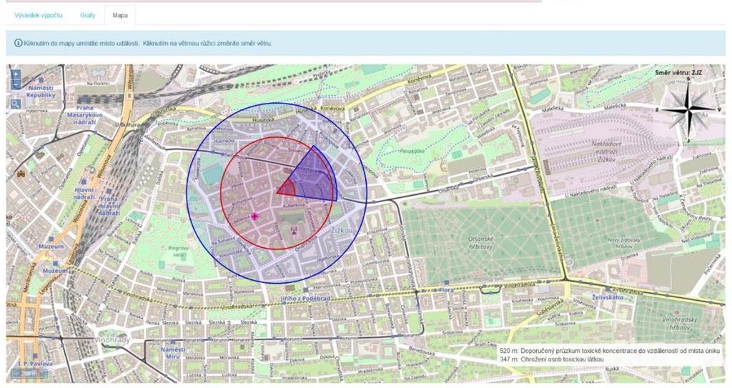 Obr. 5: Vizualizace výsledku modelování rozptylu těžkého plynu pomocí modulu DEGAS přenesená do mapových podkladů.