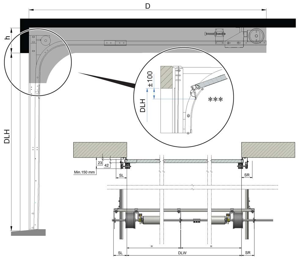 5.2.5 Požadavky na prostor LL h SL/SR D Pohled ze strany a shora: 265 mm ( 250 kg bez dveří ve vratech) 300 mm (> 250 kg nebo s dveřmi ve vratech) 132 mm manuální, 228 mm D/T-zvedák, 278 mm U-zvedák,