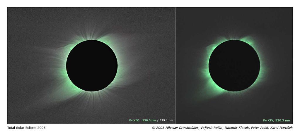 Obr. 5. Na ľavom obrázku je ukázaná biela koróna cez úzkopásmový filter 529,1 nm a emisná zelená koróna v spektrálnej čiare trinásťkrát ionizovaného železa (Fe XIV, 530,3 nm).