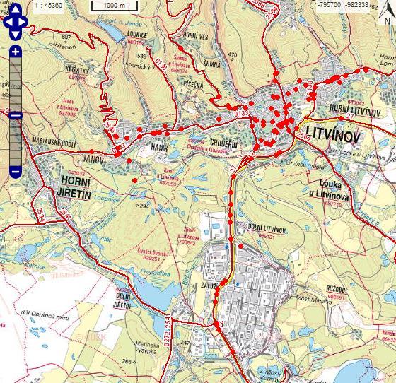 Obrázek 5.14: Lokalizace dopravních nehod s lehkým zraněním za období 1. 1. 2012-31. 12.
