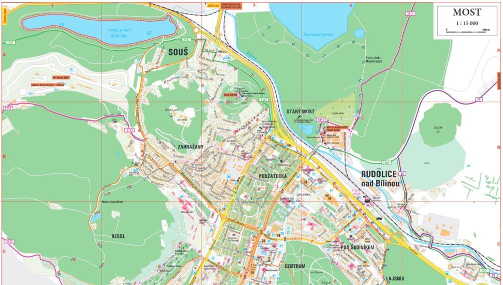 Obrázek 7.4: Podrobná situace cyklistických tras na území města Mostu V současné době není základní kostra cyklistických komunikací pro denní využívání dobudována.
