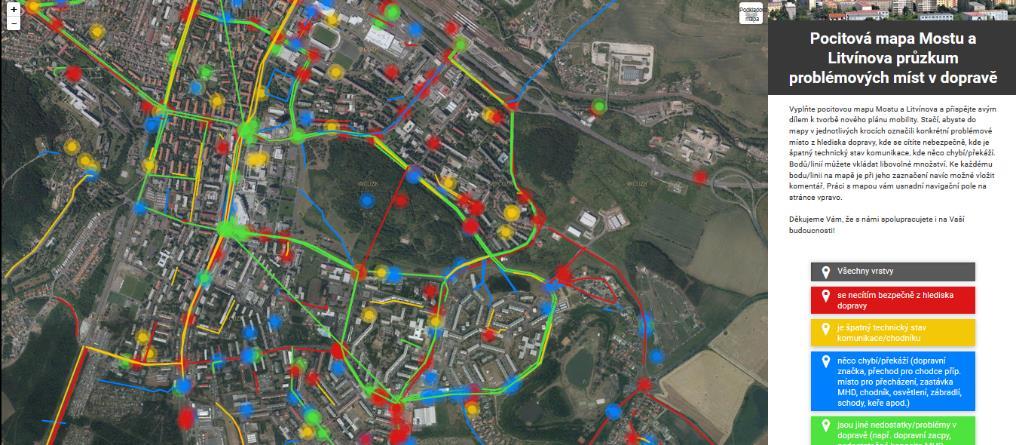 2.5 POCITOVÁ MAPA MOSTU A LITVÍNOVA Pocitová mapa je nástroj, který nabízí možnost aktivně zapojit občany do tvorby plánu mobility, a to prostřednictvím předání informací o jejich vlastním vnímání
