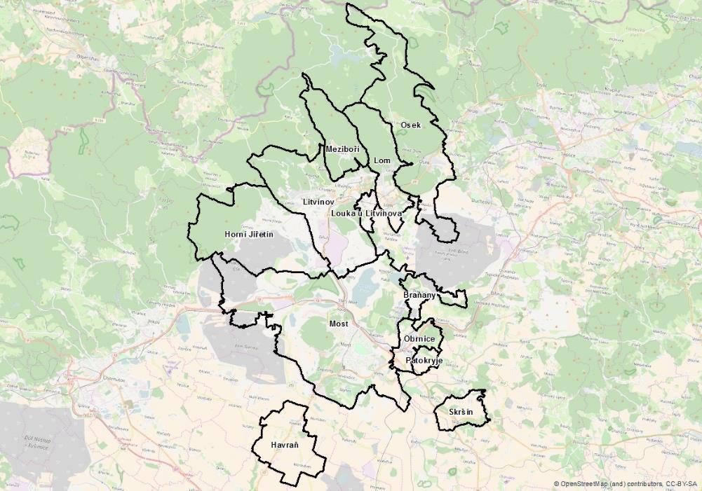 2. VÝCHODISKA 2.1 VYMEZENÍ A POPIS ŘEŠENÉHO ÚZEMÍ Plán mobility řeší území mostecko-litvínovské aglomerace, která se nachází v severozápadní části České republiky, v Ústeckém kraji. Západně, resp.