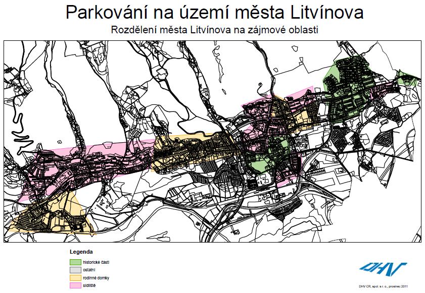 Město Litvínov Obrázek 4.8: Oblasti průzkumu parkování a odstavování vozidel na území města Litvínova, 12/2011 Výchozím podkladem byl dokument Parkování na území města Litvínova z prosince 2011.