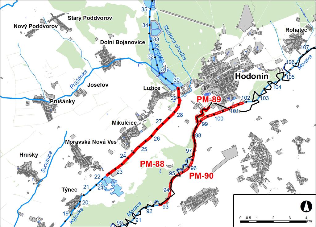 1. LOKALIZACE Předmětem řešeného území je úsek na toku Kyjovka v km 22,270 29,585, Stará Morava v km 0,000 1,823 a na toku Morava v km 92,870-101,794. Obr. č. 1 Přehledná mapa řešeného území 2.