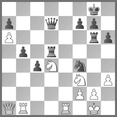 Nxg2 (34. Kf1 Qxh3 35. Re8+ Kh7 36. Nhf3 Qh1+ 37. Ng1 Rxg1#) 34... Qxh3 35. Re8+ Kh7 36. Nxf4 Rg5+ 37. Ng2 Qxg2#) 34.Re8+ Kh7 35.Rh8+! tento nebo následující tah zřejmě černý přehlédl. 35...Kxh8 36.