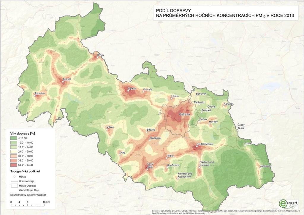 Obrázek 13 - Podíl dopravy na celkových imisních koncentracích PM 10 na ploše MSK v roce 2013 Obrázek 14 -