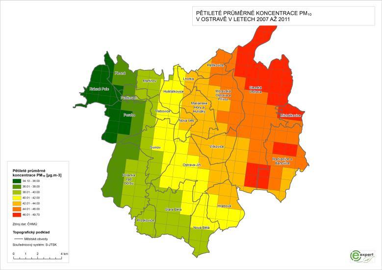 2.5. Pětileté průměry škodlivin v ovzduší z dat ČHMÚ Následující přehledné obrázky uvádí vývoj pětiletých průměrů ročních koncentrací PM10 na ploše města Ostravy v uplynulých letech.