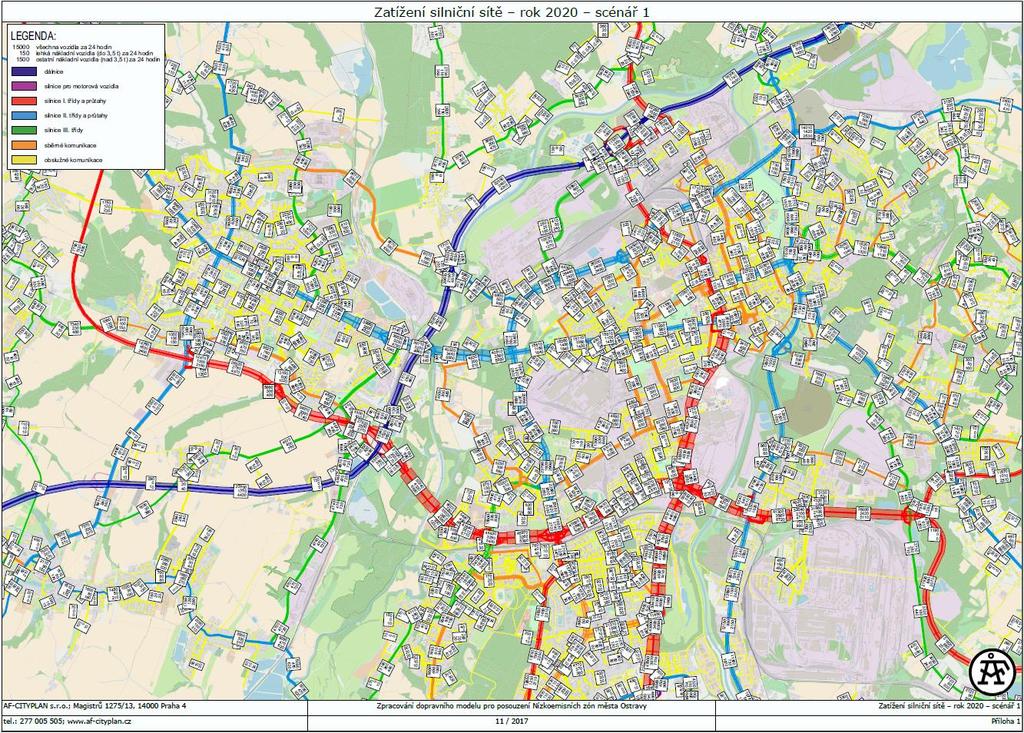Obrázek 26 - kartogram intenzity dopravy - scénář 1 Elektronické výstupy GIS Výstupy jsou zároveň předány elektronicky na CD ve formátu ESRI Shapefile s intenzitami pro jednotlivé kategorie vozidel.