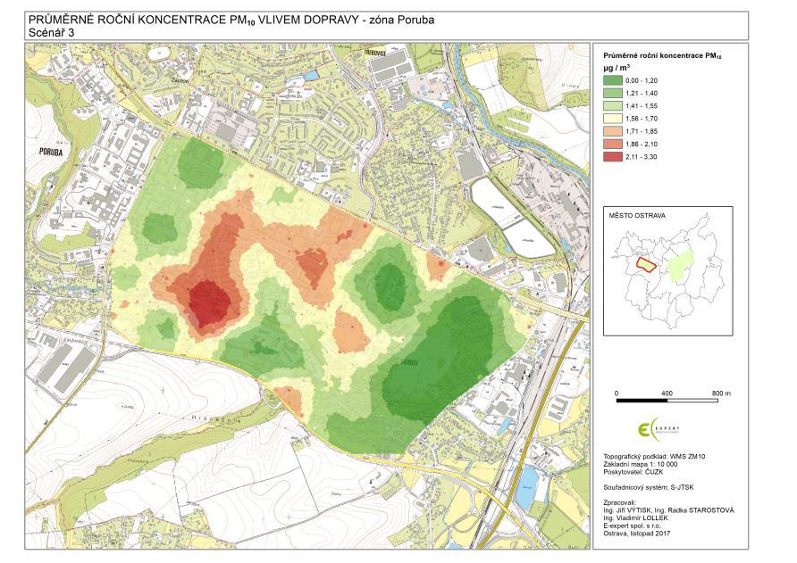 Průměrné roční koncentrace PM10 vlivem dopravy PORUBA Obrázek 47 Průměrné roční koncentrace PM 10 vlivem dopravy - Scénář 1 Obrázek 48