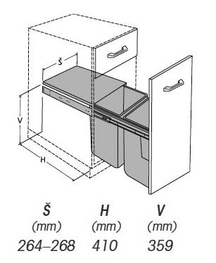 cena: 2 499,-Kč Sorter 3 Výsuvný odpadkový 2koš, 2x 20 l, šedý plast Objem: 2x 20 l Rozměr výrobku: 330x480x400 mm (š x h x v) Vnější šířka skříňky: 400 mm Složení kompletu: 2x nádoba, plastový kryt,