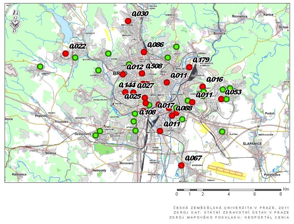 Mapa překročení hodnoty antracenu v půdě představující zdravotní riziko v