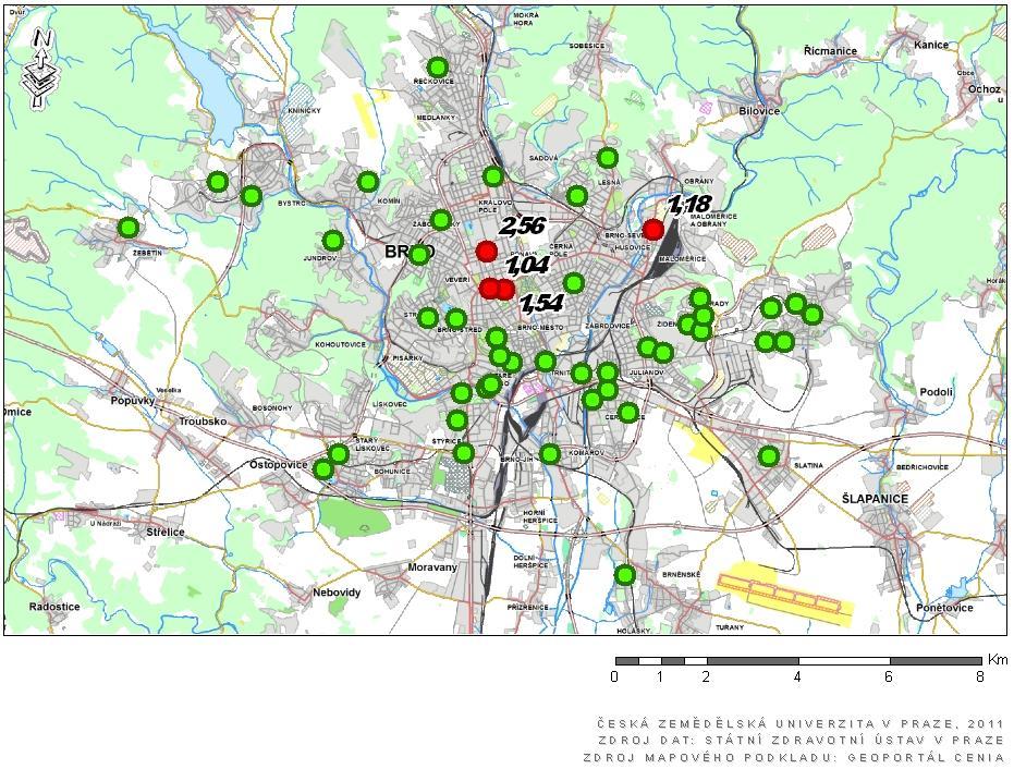 Mapa překročení hodnoty benzo(a)antracenu v půdě představující zdravotní riziko v